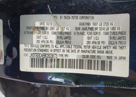 2011 Mazda Cx-9 Touring from USA, damaged, VIN JM3TB3CA6B0303873